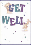 Uplifting and tender-hearted, this illustrated get well card captures the warmth and friendliness familiar to anyone from Ickenham. Two lovable friends-a teddy bear with soft, golden-brown fur and a perky puppy with floppy ears-joyfully balance the bold, multicoloured letters spelling 'Get Well,' inviting a smile as genuine as a friendly greeting along Ickenham High Road. The bear clings atop the first letters, while the puppy leans against the 'Well,' both their faces glowing with gentle encouragement. The vibrant text, shaded in indigo and teal, stands out brightly against a soothing cream background that evokes both clarity and freshness. Whimsical stars pepper the illustration in blues and purples, each one a hopeful wish floating through the card, much like the comfort felt with a surprise bouquet from a beloved local florist. The tactile detail of the artwork hints at the bear's fuzzy fur and the puppy's silky ears-sensations as comforting as a soft blanket when recovering at home. Thoughtfully composed and infused with heartfelt care, this card delivers not only well wishes but also the spirit of support and optimism that makes Ickenham's community so special, ideal for sharing comfort and kindness with friends and neighbours alike.